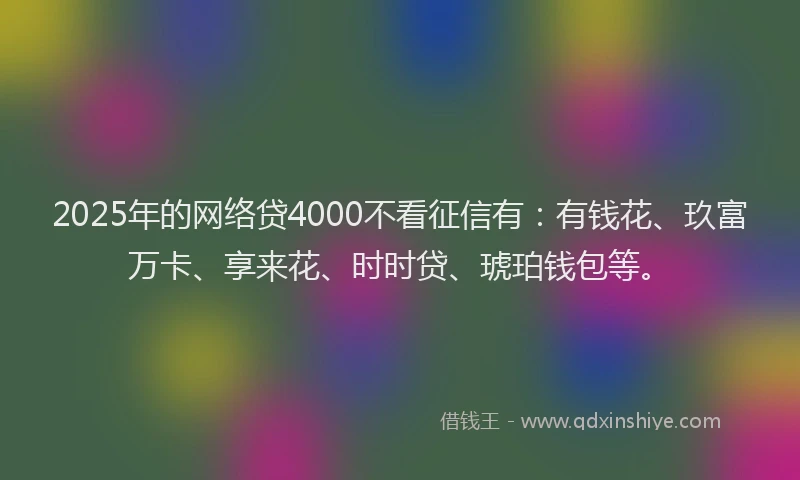 2025年的网络贷4000不看征信有：有钱花、玖富万卡、享来花、时时贷、琥珀钱包等。