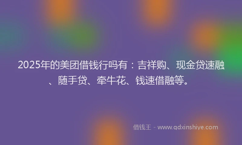 2025年的美团借钱行吗有：吉祥购、现金贷速融、随手贷、牵牛花、钱速借融等。