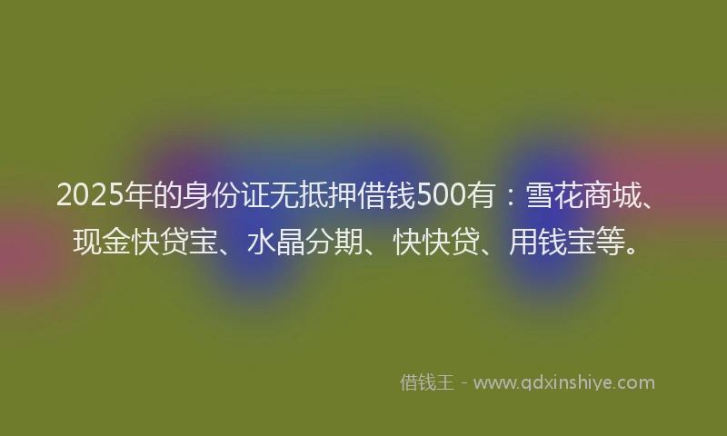 2025年的身份证无抵押借钱500有：雪花商城、现金快贷宝、水晶分期、快快贷、用钱宝等。