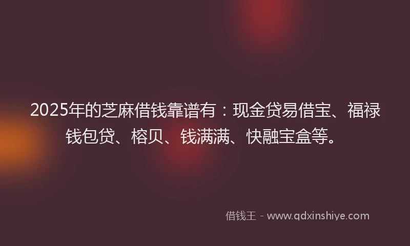 2025年的芝麻借钱靠谱有：现金贷易借宝、福禄钱包贷、榕贝、钱满满、快融宝盒等。