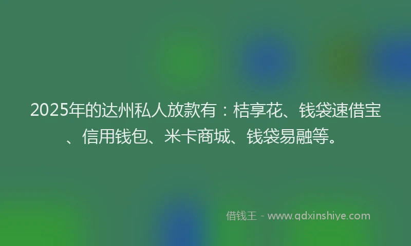 2025年的达州私人放款有：桔享花、钱袋速借宝、信用钱包、米卡商城、钱袋易融等。