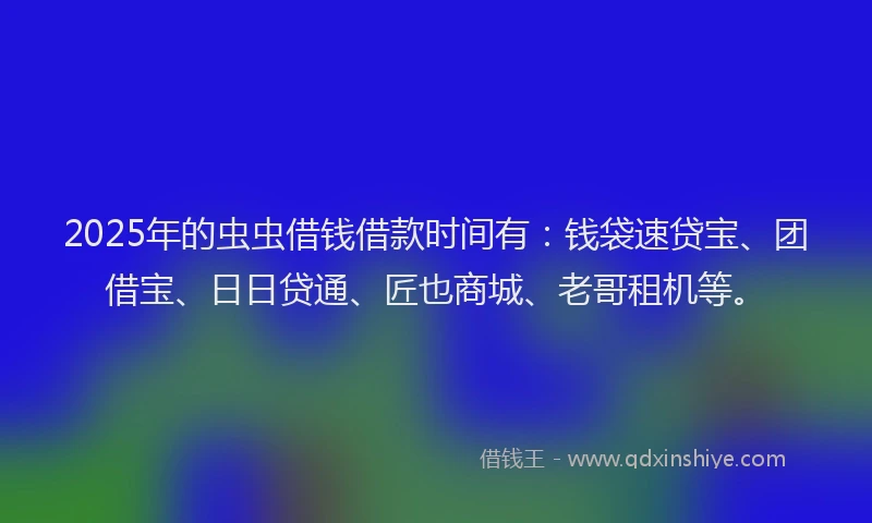 2025年的虫虫借钱借款时间有：钱袋速贷宝、团借宝、日日贷通、匠也商城、老哥租机等。