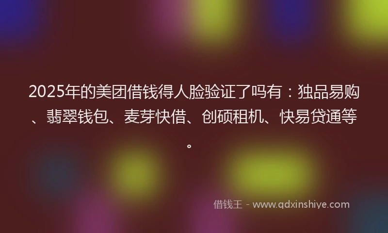 2025年的美团借钱得人脸验证了吗有：独品易购、翡翠钱包、麦芽快借、创硕租机、快易贷通等。
