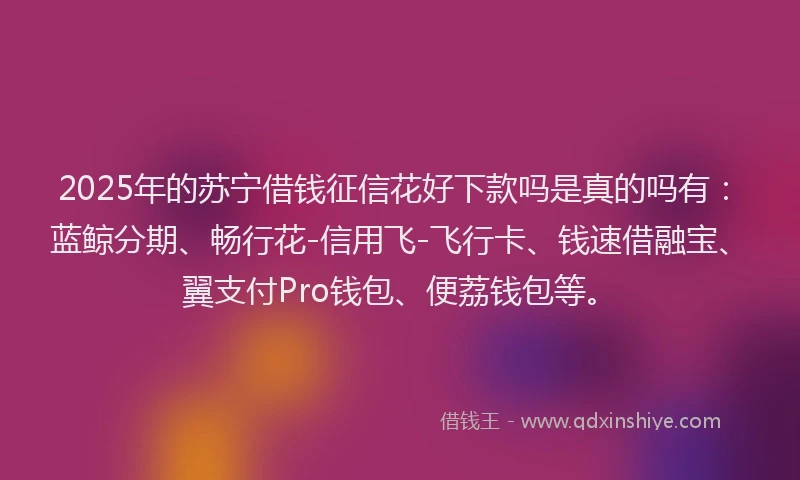 2025年的苏宁借钱征信花好下款吗是真的吗有：蓝鲸分期、畅行花-信用飞-飞行卡、钱速借融宝、翼支付Pro钱包、便荔钱包等。