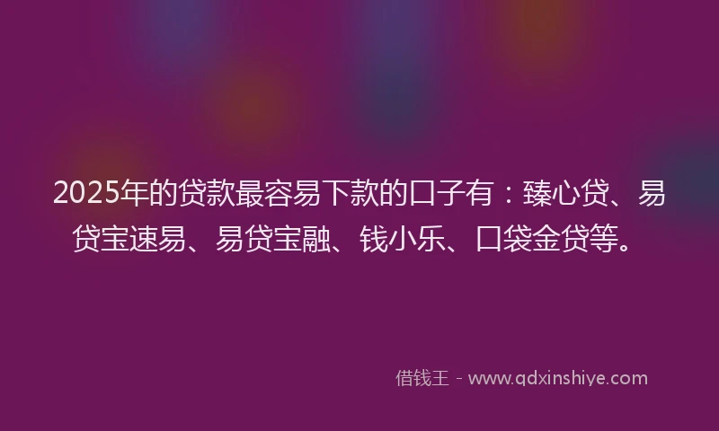 2025年的贷款最容易下款的口子有：臻心贷、易贷宝速易、易贷宝融、钱小乐、口袋金贷等。