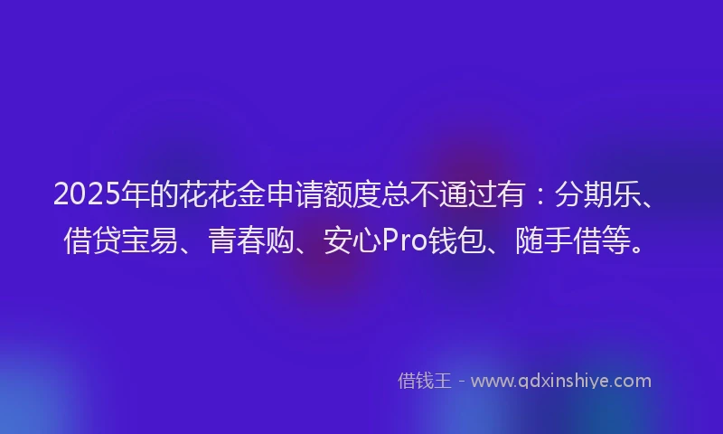 2025年的花花金申请额度总不通过有：分期乐、借贷宝易、青春购、安心Pro钱包、随手借等。