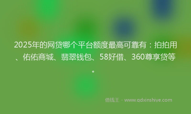 2025年的网贷哪个平台额度最高可靠有：拍拍用、佑佑商城、翡翠钱包、58好借、360尊享贷等。