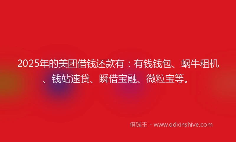2025年的美团借钱还款有：有钱钱包、蜗牛租机、钱站速贷、瞬借宝融、微粒宝等。
