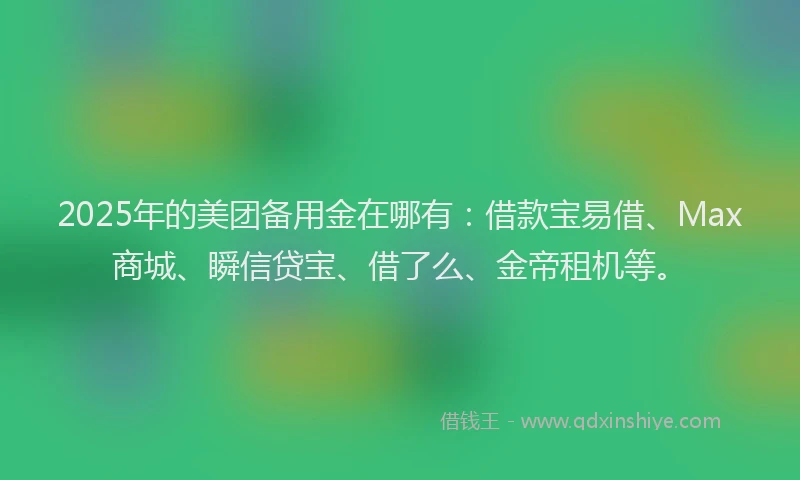 2025年的美团备用金在哪有：借款宝易借、Max商城、瞬信贷宝、借了么、金帝租机等。