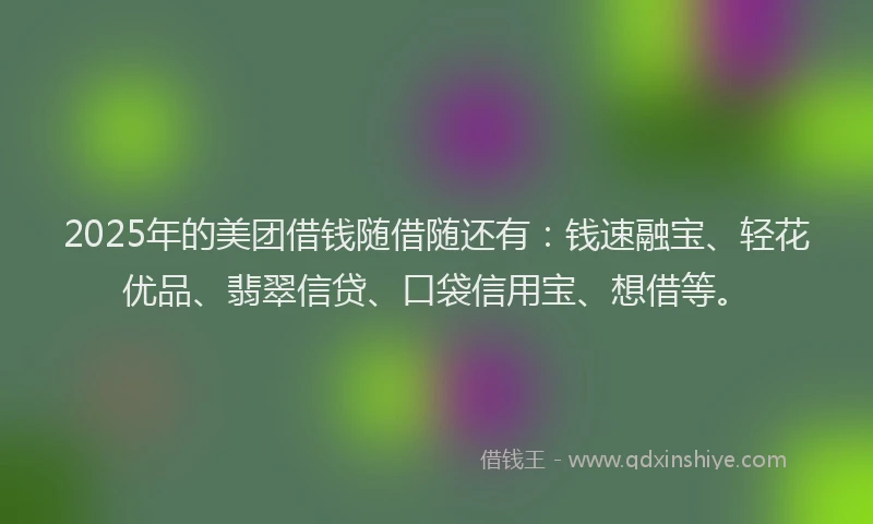 2025年的美团借钱随借随还有：钱速融宝、轻花优品、翡翠信贷、口袋信用宝、想借等。
