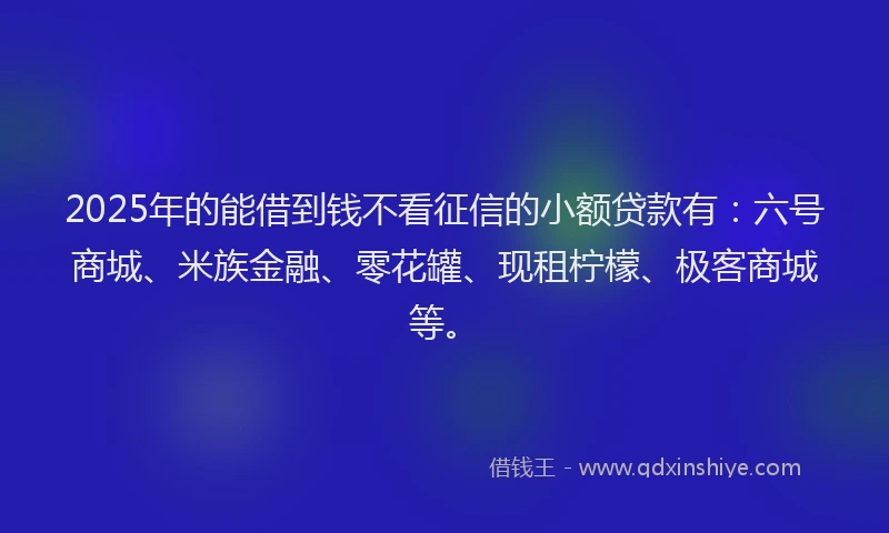 2025年的能借到钱不看征信的小额贷款有：六号商城、米族金融、零花罐、现租柠檬、极客商城等。