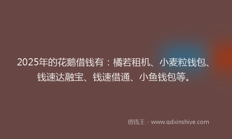 2025年的花鹅借钱有：橘若租机、小麦粒钱包、钱速达融宝、钱速借通、小鱼钱包等。