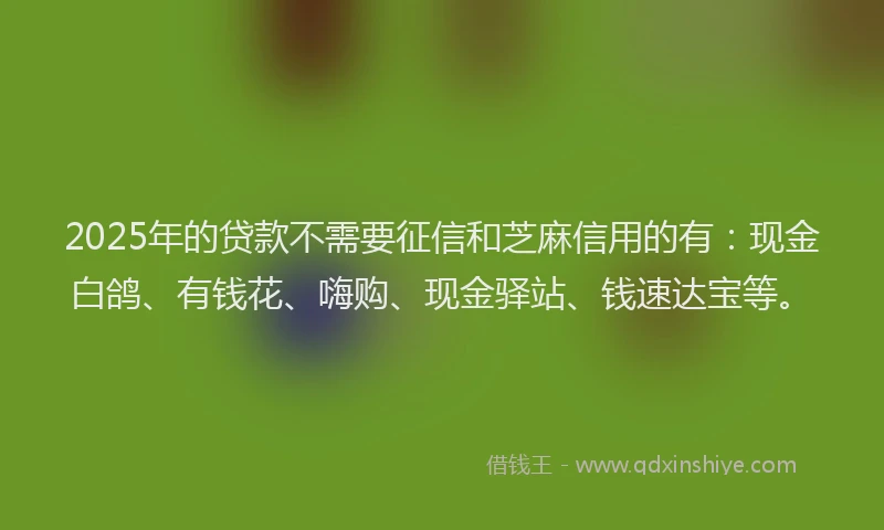 2025年的贷款不需要征信和芝麻信用的有:现金白鸽、有钱花、嗨购、现金驿站、钱速达宝等。