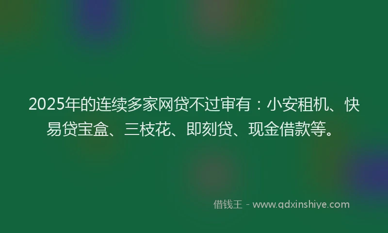 2025年的连续多家网贷不过审有：小安租机、快易贷宝盒、三枝花、即刻贷、现金借款等。