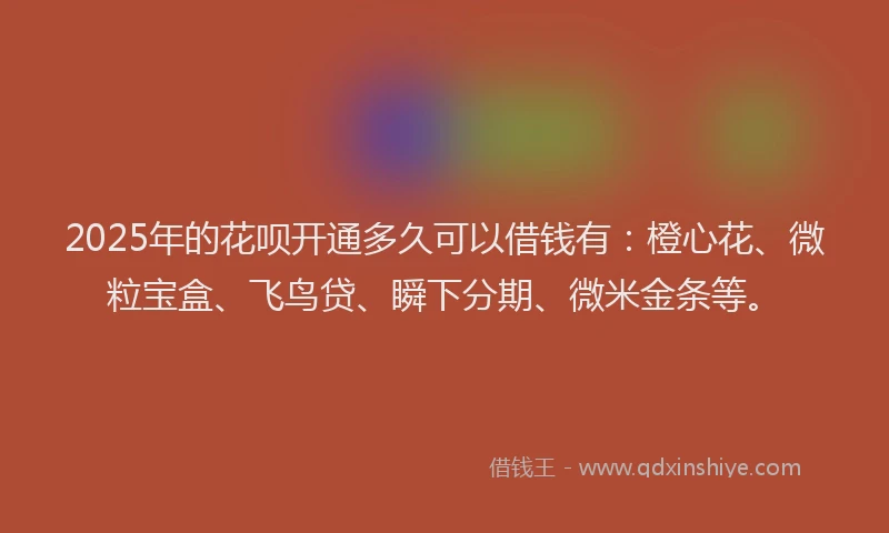 2025年的花呗开通多久可以借钱有：橙心花、微粒宝盒、飞鸟贷、瞬下分期、微米金条等。