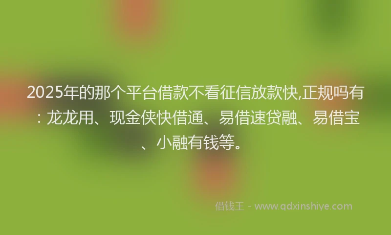 2025年的那个平台借款不看征信放款快,正规吗有：龙龙用、现金侠快借通、易借速贷融、易借宝、小融有钱等。