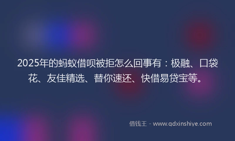 2025年的蚂蚁借呗被拒怎么回事有：极融、口袋花、友佳精选、替你速还、快借易贷宝等。