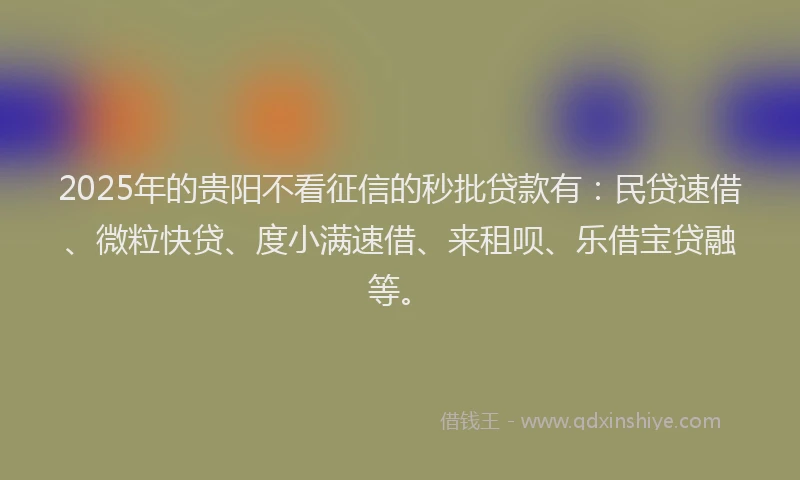 2025年的贵阳不看征信的秒批贷款有：民贷速借、微粒快贷、度小满速借、来租呗、乐借宝贷融等。