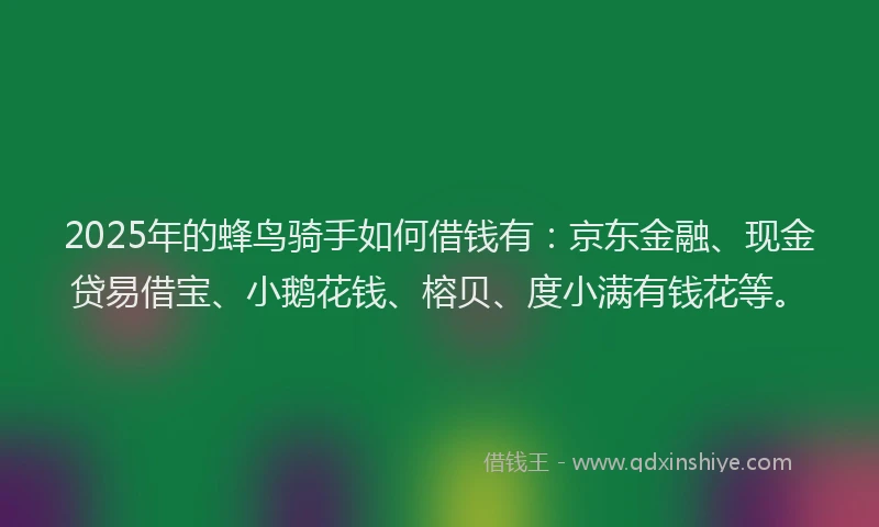 2025年的蜂鸟骑手如何借钱有：京东金融、现金贷易借宝、小鹅花钱、榕贝、度小满有钱花等。