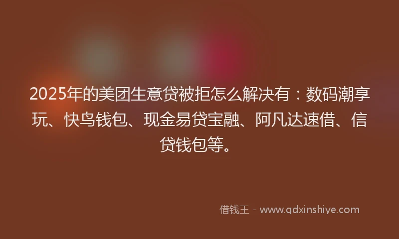 2025年的美团生意贷被拒怎么解决有：数码潮享玩、快鸟钱包、现金易贷宝融、阿凡达速借、信贷钱包等。