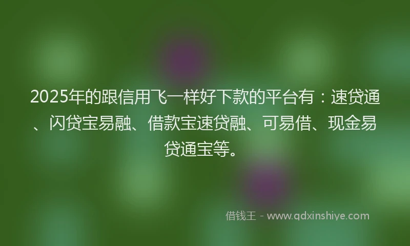 2025年的跟信用飞一样好下款的平台有：速贷通、闪贷宝易融、借款宝速贷融、可易借、现金易贷通宝等。