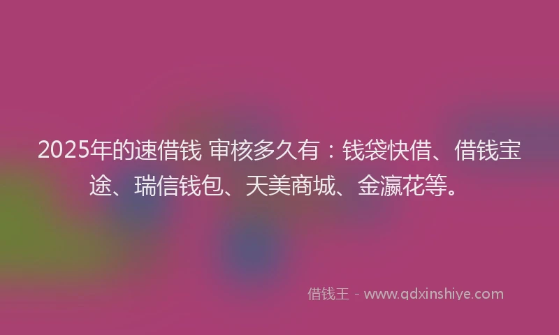 2025年的速借钱 审核多久有：钱袋快借、借钱宝途、瑞信钱包、天美商城、金瀛花等。