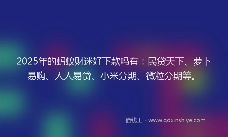 2025年的蚂蚁财迷好下款吗有：民贷天下、萝卜易购、人人易贷、小米分期、微粒分期等。