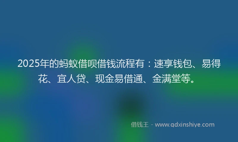 2025年的蚂蚁借呗借钱流程有：速享钱包、易得花、宜人贷、现金易借通、金满堂等。