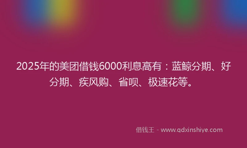 2025年的美团借钱6000利息高有：蓝鲸分期、好分期、疾风购、省呗、极速花等。