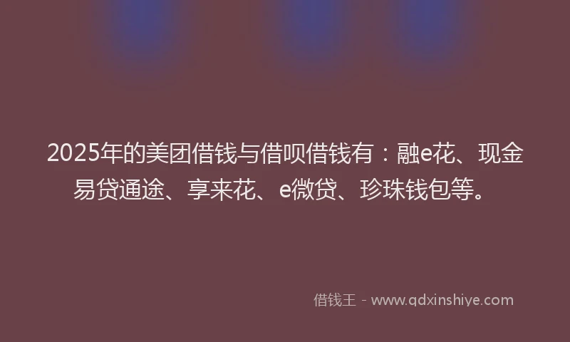 2025年的美团借钱与借呗借钱有：融e花、现金易贷通途、享来花、e微贷、珍珠钱包等。
