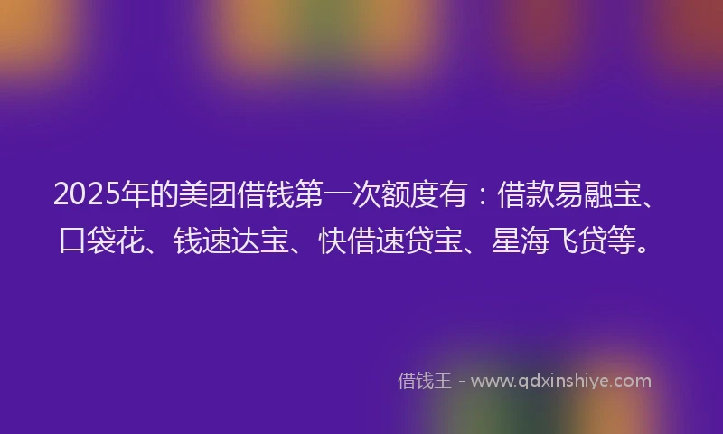 2025年的美团借钱第一次额度有：借款易融宝、口袋花、钱速达宝、快借速贷宝、星海飞贷等。
