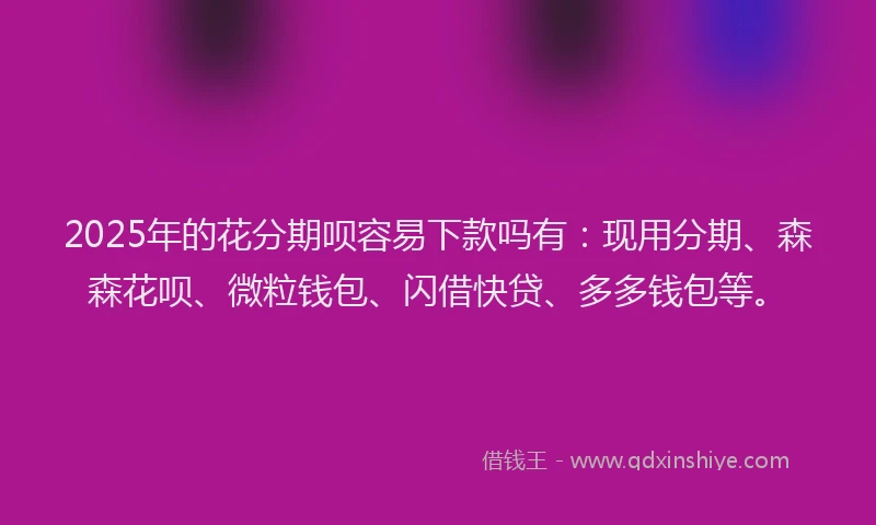 2025年的花分期呗容易下款吗有：现用分期、森森花呗、微粒钱包、闪借快贷、多多钱包等。