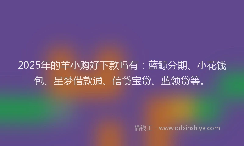 2025年的羊小购好下款吗有：蓝鲸分期、小花钱包、星梦借款通、信贷宝贷、蓝领贷等。