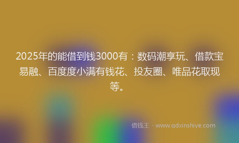 2025年的能借到钱3000有：数码潮享玩、借款宝易融、百度度小满有钱花、投友圈、唯品花取现等。