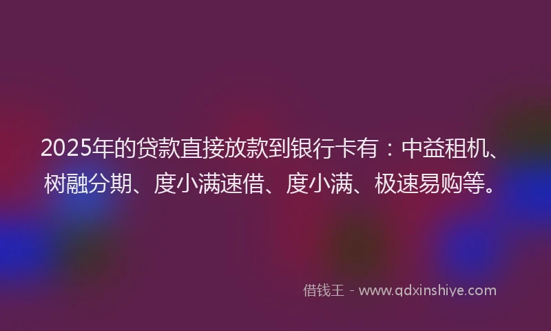 2025年的贷款直接放款到银行卡有：中益租机、树融分期、度小满速借、度小满、极速易购等。