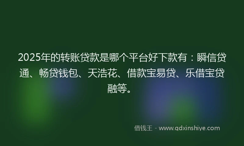 2025年的转账贷款是哪个平台好下款有：瞬信贷通、畅贷钱包、天浩花、借款宝易贷、乐借宝贷融等。