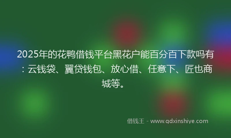 2025年的花鸭借钱平台黑花户能百分百下款吗有：云钱袋、翼贷钱包、放心借、任意下、匠也商城等。