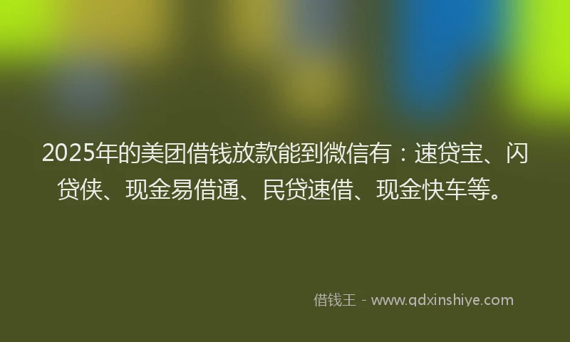 2025年的美团借钱放款能到微信有：速贷宝、闪贷侠、现金易借通、民贷速借、现金快车等。
