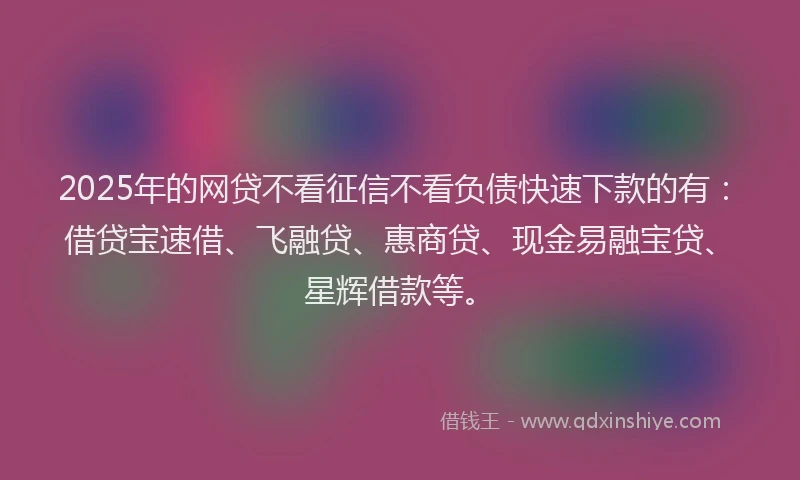 2025年的网贷不看征信不看负债快速下款的有：借贷宝速借、飞融贷、惠商贷、现金易融宝贷、星辉借款等。