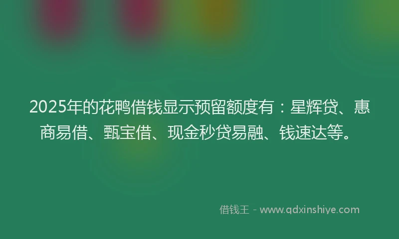 2025年的花鸭借钱显示预留额度有：星辉贷、惠商易借、甄宝借、现金秒贷易融、钱速达等。