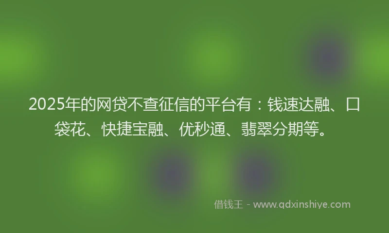 2025年的网贷不查征信的平台有：钱速达融、口袋花、快捷宝融、优秒通、翡翠分期等。