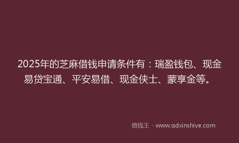 2025年的芝麻借钱申请条件有：瑞盈钱包、现金易贷宝通、平安易借、现金侠士、蒙享金等。