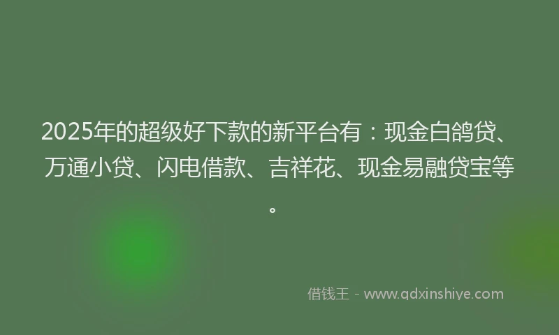 2025年的超级好下款的新平台有：现金白鸽贷、万通小贷、闪电借款、吉祥花、现金易融贷宝等。