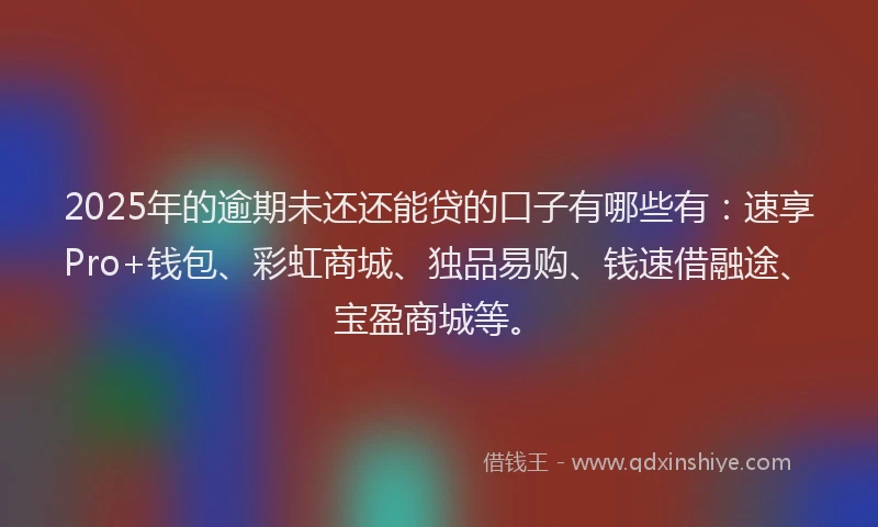 2025年的逾期未还还能贷的口子有哪些有：速享Pro+钱包、彩虹商城、独品易购、钱速借融途、宝盈商城等。