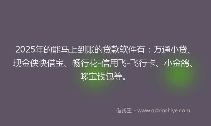 2025年的能马上到账的贷款软件有：万通小贷、现金侠快借宝、畅行花-信用飞-飞行卡、小金鸽、哆宝钱包等。