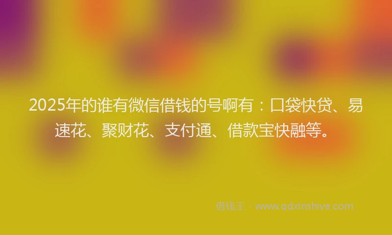 2025年的谁有微信借钱的号啊有：口袋快贷、易速花、聚财花、支付通、借款宝快融等。