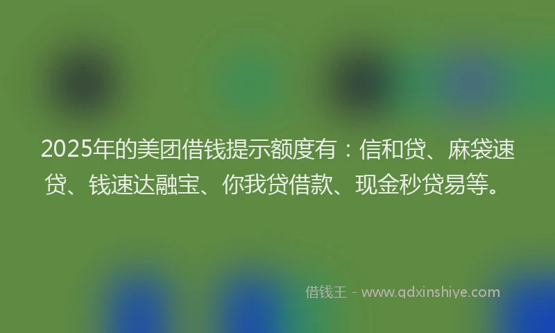 2025年的美团借钱提示额度有：信和贷、麻袋速贷、钱速达融宝、你我贷借款、现金秒贷易等。