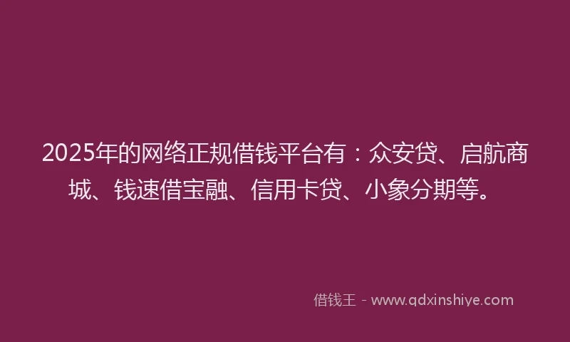 2025年的网络正规借钱平台有：众安贷、启航商城、钱速借宝融、信用卡贷、小象分期等。