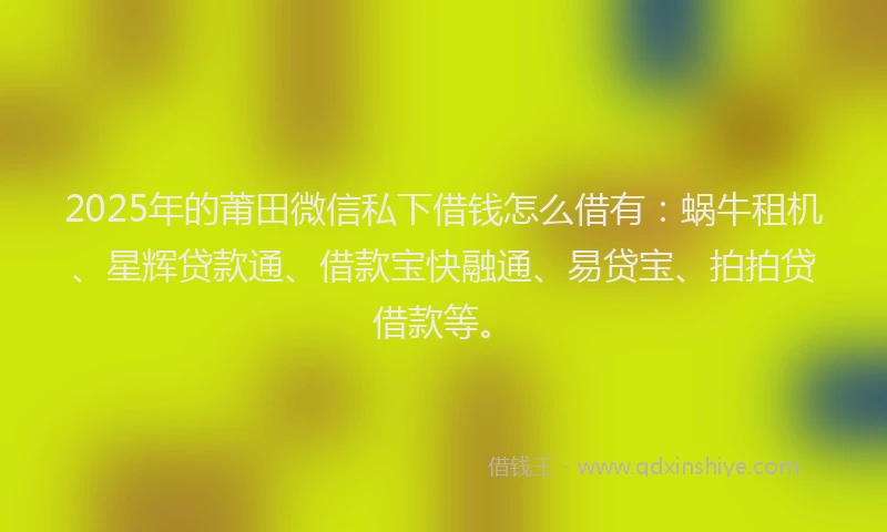 2025年的莆田微信私下借钱怎么借有：蜗牛租机、星辉贷款通、借款宝快融通、易贷宝、拍拍贷借款等。