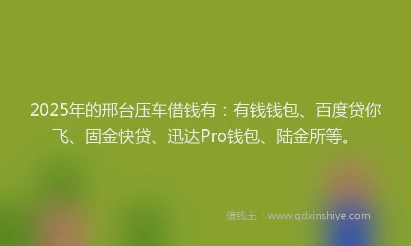 2025年的邢台压车借钱有：有钱钱包、百度贷你飞、固金快贷、迅达Pro钱包、陆金所等。